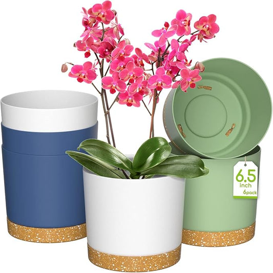 ZMTECH Set of 6 Self Watering Plastic Plant Pots, 6.5in Diameter x 6.1in Height, Modern Decorative Flower Pots for Indoor Outdoor House Plants, Succulents, Flowers (White+Green+Blue)