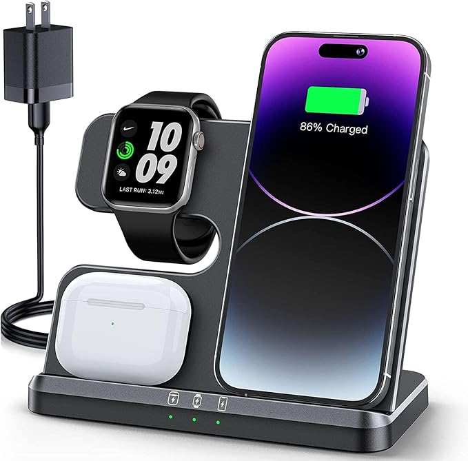 3 in 1 Charging Station for Apple Wireless Charger for iPhone 16 15 14 13 12 11 X 8 & for Apple Watch Charger Wireless Charging Station for Multiple Devices for AirPods 4 3 Pro