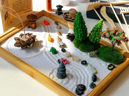 Desk Zen Garden Kit - 11x7.5in Mini Rock Garden Zen Gift Set for Home Office Desk Japanese Decor, Zen Sand Garden, 7 Tools, 21 Accessories.Bamboo Sand Tray Therapy Desktop Meditation Room Gifts