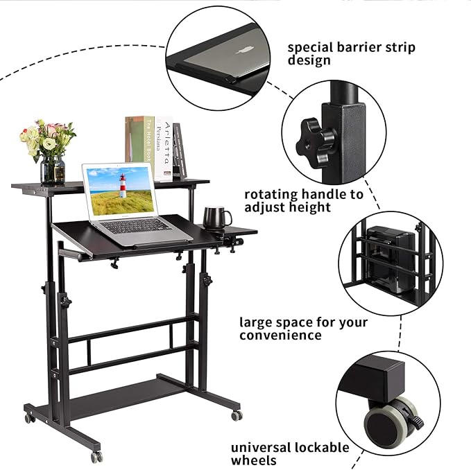 Hadulcet Mobile Standing Desk, Rolling Table Adjustable Computer Desk, Stand Up Laptop Desk Mobile Workstation for Home Office Classroom with Wheels, 31.49 x 23.6 in Black