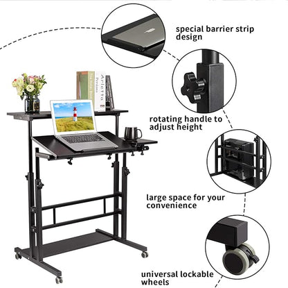 Hadulcet Mobile Standing Desk, Rolling Table Adjustable Computer Desk, Stand Up Laptop Desk Mobile Workstation for Home Office Classroom with Wheels, 31.49 x 23.6 in Black