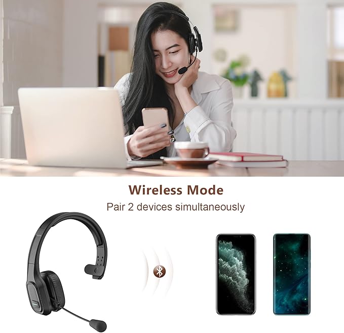 COMEXION Trucker Bluetooth Headset V5.0, Wireless Headset with Noise Canceling&Mute Microphone for Cell Phones, On Ear Bluetooth Headphone for Computer, Zoom Meetings, Skype, Home Office