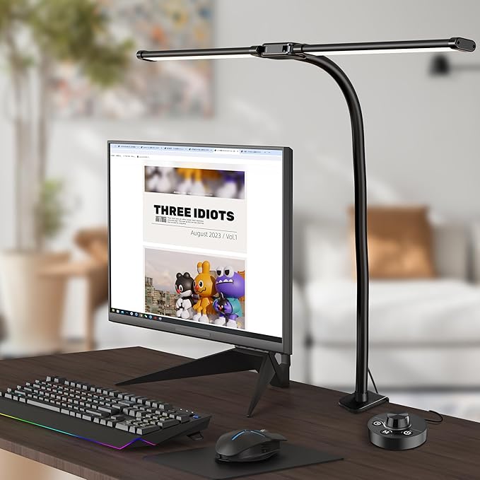 24W LED Desk Lamps for Home Office, Ultra Bright Double Head Architect Task Lamp with Clamp, Desktop Stepless Dimmer 50 Lighting Modes Adjustable Flexible Gooseneck Desk Light