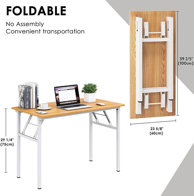 Need Folding Desk for Home Office 39-3/8 inch Length Modern Folding Table Computer Desk No Install Needed Teak Color Desktop White Frame AC5BW(100 * 60)