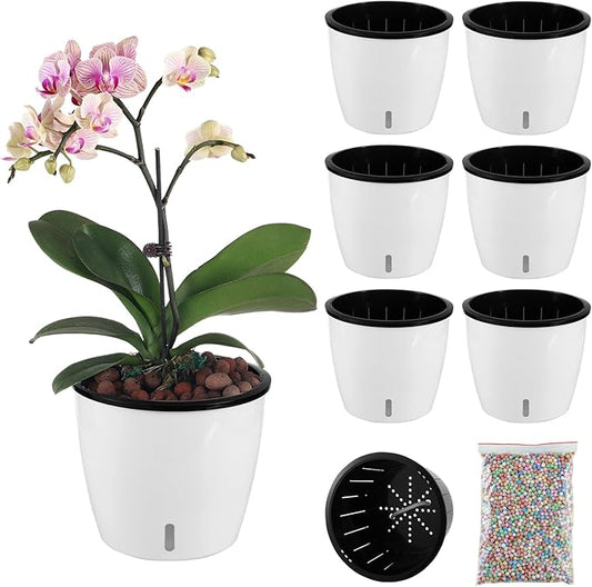 6 Packs 6.7 Inch White Self Watering Pots for Indoor Plants with Water Indicator and Black Wick Pots, Large African Violet Pots, Self Watering Planters for Devil's Ivy, Indoor Plant Pots for Orchid