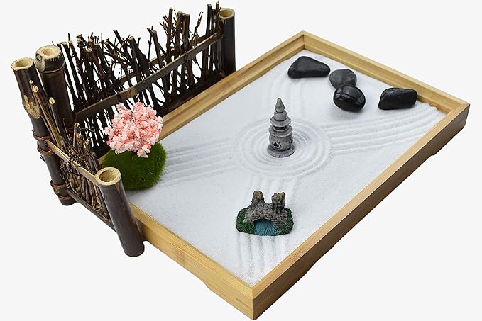 Artcome Japanese Zen Sand Garden for Desk with Rake, Stand, Rocks and Mini Furnishing Articles - Office Table Accessories, Mini Zen Sand Garden Kit - Meditation Gifts