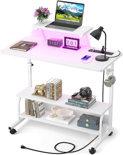 Height Adjustable Standing Desk with Power Outlets and LED Lights - 32" Manual Stand Up Desk with Monitor Stand and Storage Shelves Small Mobile Rolling Computer Desk Portable Laptop Table, White