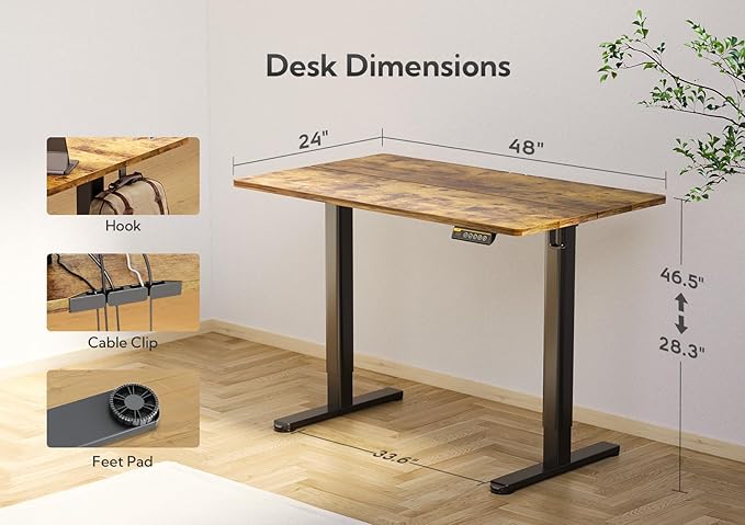 Electric Standing Desk, Adjustable Height Stand up Desk, 24x48 Inches Sit Stand Home Office Desk with Splice Board, Black Frame/Rustic Brown Top