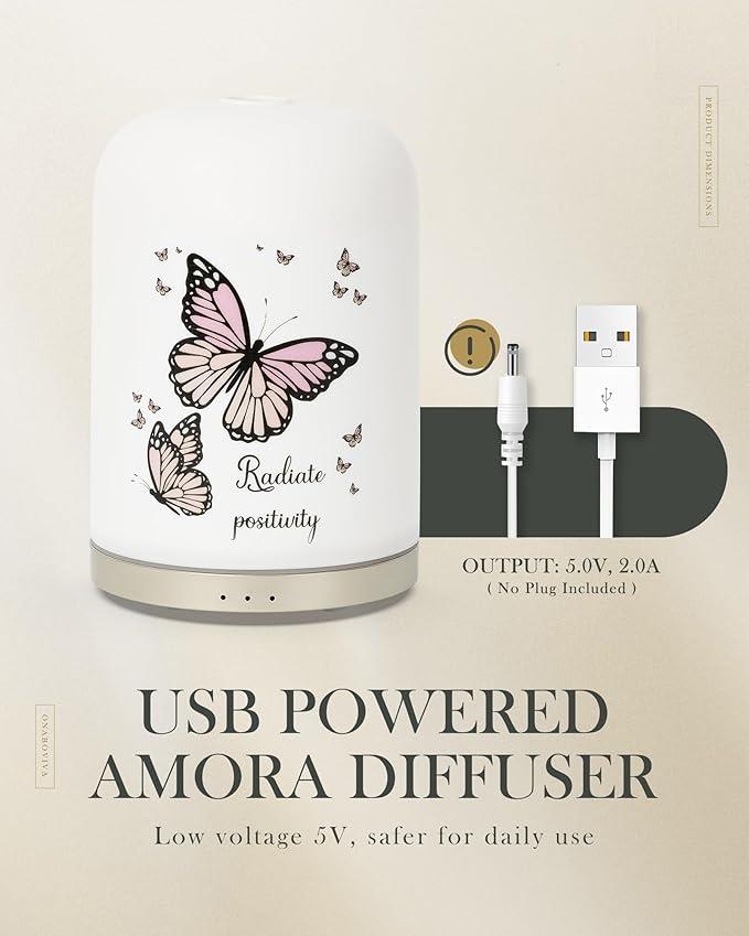 110ML Essential Oil Diffuser, Ceramic Diffusers for Essential Oils Large Room, Fragrance Aroma Diffuser with USB Cable, Warm Night Light and Auto-Off for Home Office Yoga Pilates,Butterflies