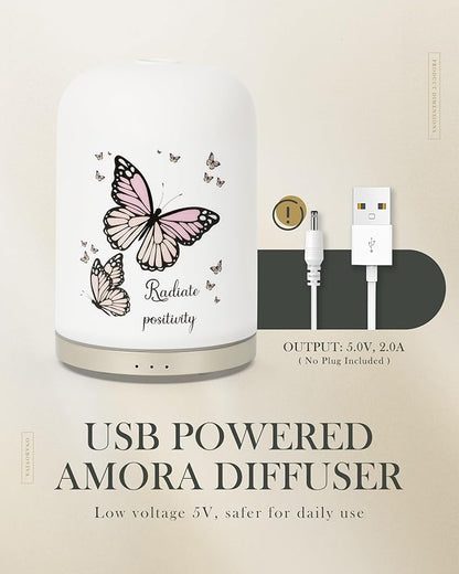 110ML Essential Oil Diffuser, Ceramic Diffusers for Essential Oils Large Room, Fragrance Aroma Diffuser with USB Cable, Warm Night Light and Auto-Off for Home Office Yoga Pilates,Butterflies