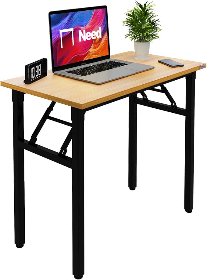 Need Folding Desk Small Desk 31 1/2" No Assembly Foldable Computer Desk for Small Space/Home Office/Dormitory,Teak&Black Frame