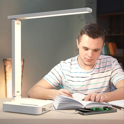 cozoo LED Desk Lamp with USB Charging Ports and Type C Port,2 AC Outlets,9 Lighting Modes,Touch/Memory/Timer Function,10W Eye Protection Foldable Reading Light,Study Lamp,Dorm Essentials Desk Light