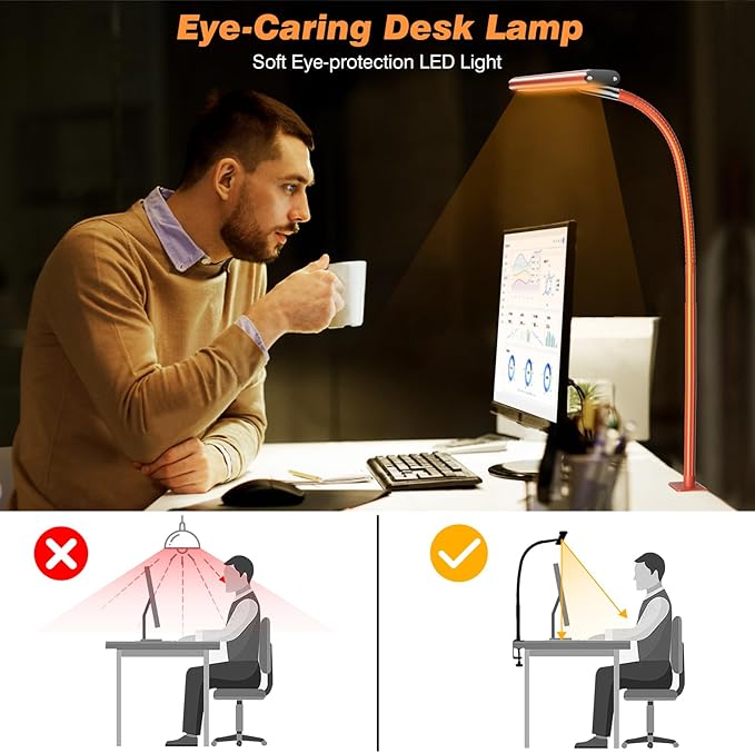 LED Desk Lamp for Office Home, Eye-Caring Desk Light with Stepless Dimming Adjustable Flexible Gooseneck, 10W USB Adapter Desk Lamp with Clamp for Reading, Study, Workbench (Orange)