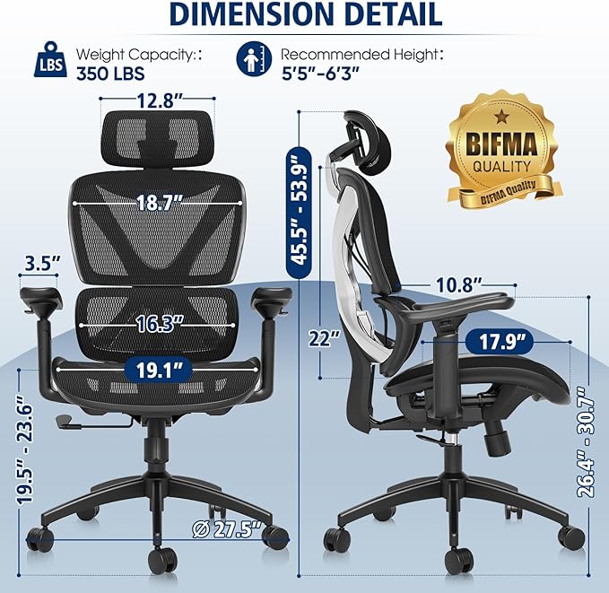 GABRYLLY Ergonomic Office Chair, Big and Tall Mesh Chair with Lumbar Support, 3D armrest - 215° Rotation, Adjustable Headrest & Soft Seat, Durable Computer Chair 350LBS for Work Gaming