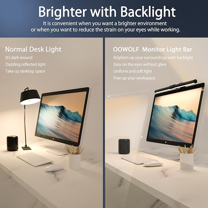 OOWOLF Monitor Light Bar (Pack of 2) Screen Light Bar,CRI≥95 Desk Lamp for Eye-Caring,No Glare,Dual Light,Filter Blue-Light,3-Color Mode,Memory Dimming,e-Reading Task Lamp,Computer Light for Desk