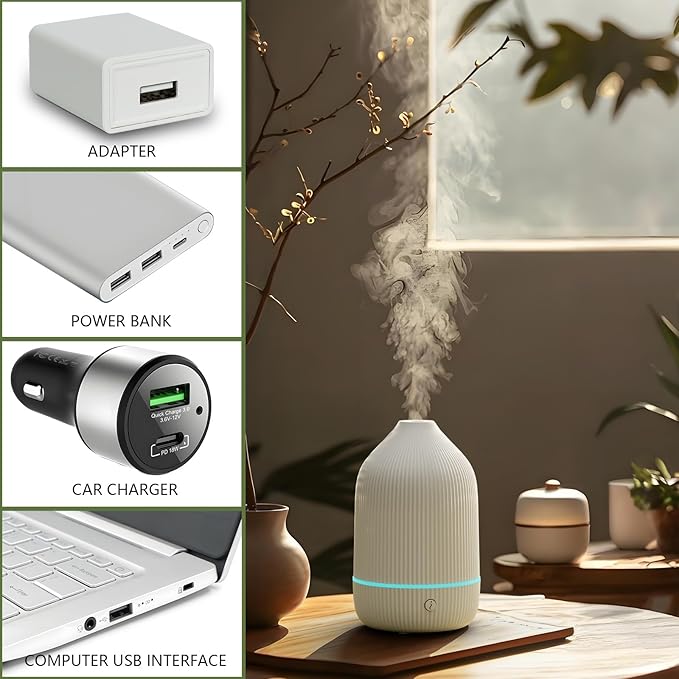 SOICARE Small Essential Oil Diffuser, 100ML Mini Aromatherapy Diffuser with USB Cable & Adapter, 7 Color Changing USB Powered Aroma Scent Diffuser for Home/Room/Office/Travel/Gift