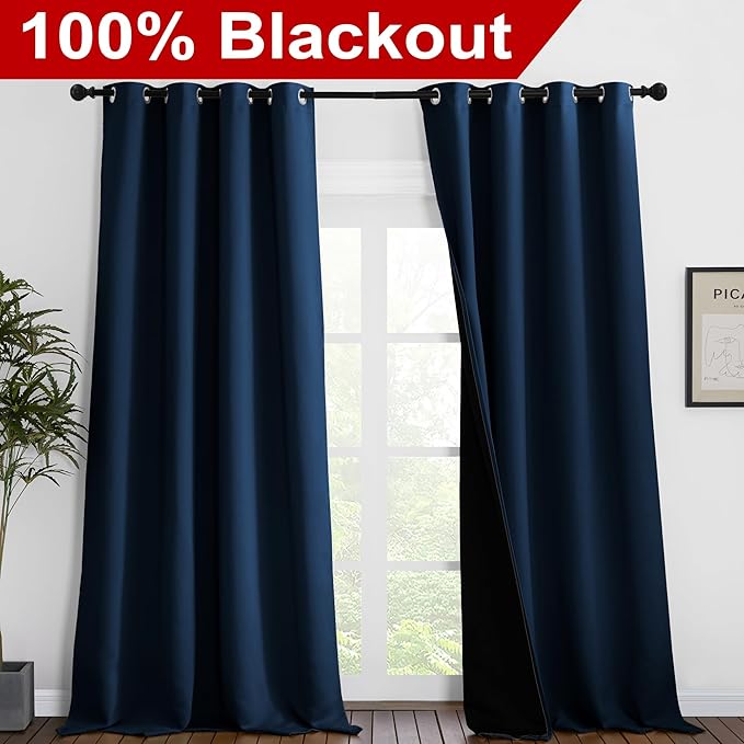 NICETOWN 100% Blackout Blinds, Set of 2, 52 inches x 120 inches, Laundry Room Decor Window Treatment Curtains for Large Patio Sliding Door, Thermal Insulated Moroccan Blue Curtains for Bedroom