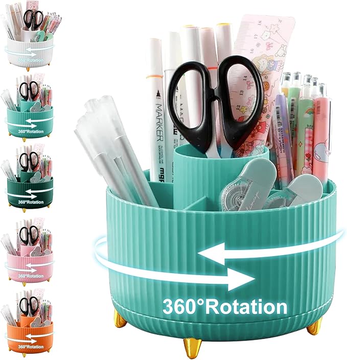 Pencil Holder For Desk,5 Slots 360°Degree Rotating Desk Organizers And Accessories,Desktop Storage Stationery Supplies Organizer, Cute Pencil Cup Pot For Office, School, Home (C-Blue)