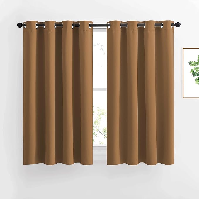 NICETOWN Kitchen Window Curtains Over Sink - Grommet Blackout Solid Vertical Small Curtains & Drapes Noise Reducing for Laundry, Gold Brown, W52 x L45, 2 Panels