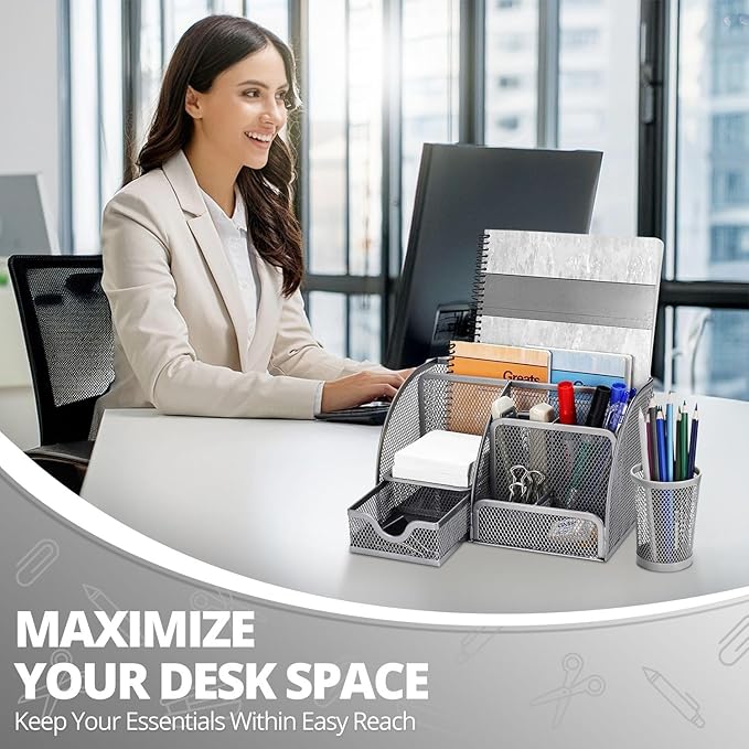 Flexzion Desk Organiser, Pen Holder, Office Organiser, Students Desk Accessories Made of Metal with Drawer and 6 Compartments, for Aesthetic Pens, Stapler, Folder Clips, Sticky Notes, Silver