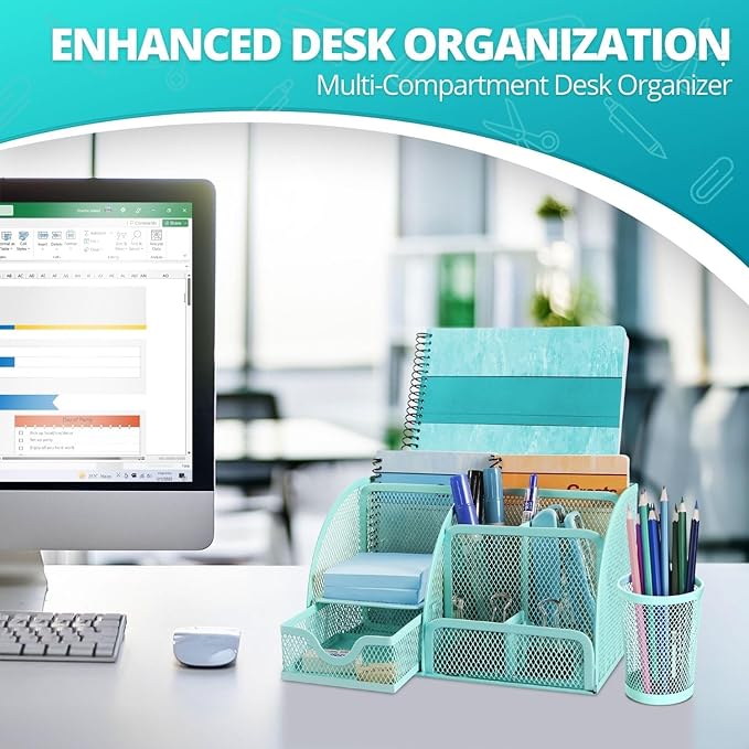 Flexzion Desk Top Caddy Organizer - Green Office Desk Accessories Organizer and Storage - Metal Mesh Desk with 6 Compartments, Drawer and Pen Holder