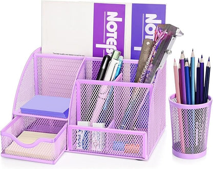 Flexzion Desk Top Caddy Organizer - Purple Office Desk Accessories Organizer and Storage - Metal Mesh Desk with 6 Compartments, Drawer and Pen Holder