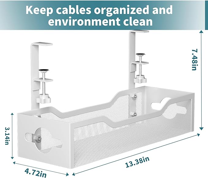 Under Desk Cable Management Tray, Litwaro Cable Management Under Desk No Drill, Metal Cable Tray with Clamp for Desk Wire Management, Desk Cord Organizer for Home Office No Damage to Standing Desk