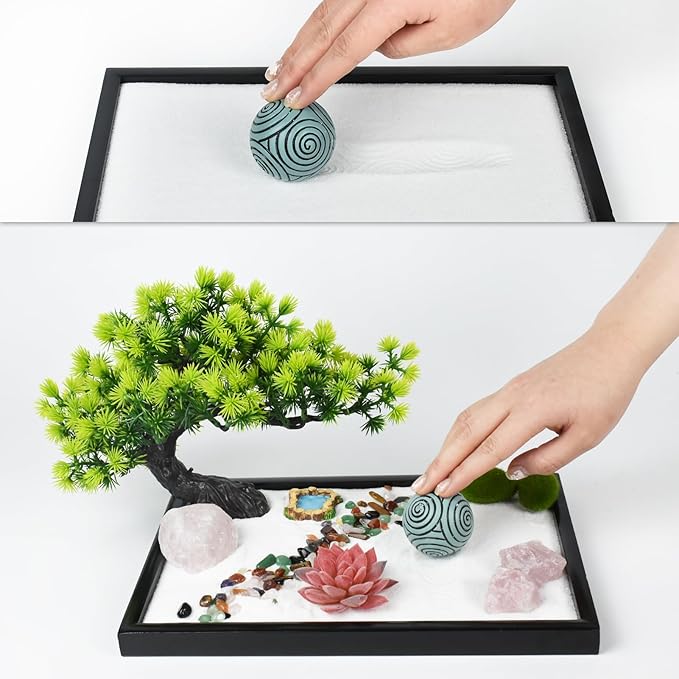 Artcome Japanese Zen Sand Garden for Desk - Home, Office Desk Accessories - Crafted Meditation Therapy Rectangle Tray - Mindful Relaxation and Meditation Tool for Stress Relief - Meditation Gift Set