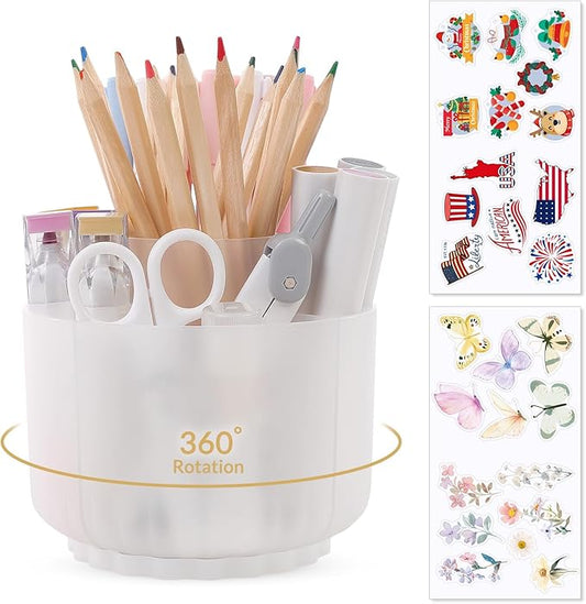 SKYDUE 360 Degree Rotating Desk Organizer, Dual-Purpose Pencil Pen Holder for Desk, Rotating Pencil Cup with Stickers, Office Supplies, Desk Decor for Office, School, Home