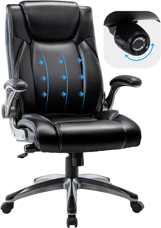 COLAMY Executive Office Ergonomic Chair with Thick Bonded Leather, Flip-up Armrests, High Back Adjustable Height and Tilt for Working, Study, Gaming