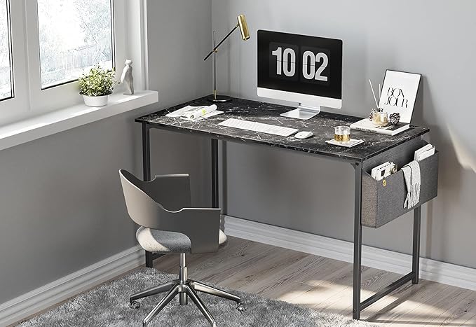 CubiCubi Computer Desk 47 Inch Study Writing Table for Home Office, Modern Simple Style PC Table with Storage Bag, Black Marble