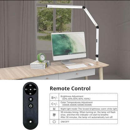 Micomlan LED Desk Lamp for Home Office, Architect Clamp Desk Lamp with Remote Control, Adjustable Swing Arm Clamp on Desk Light Clip-on Dual Light 5 Brightness Levels & 4 CCT Modes Table Light