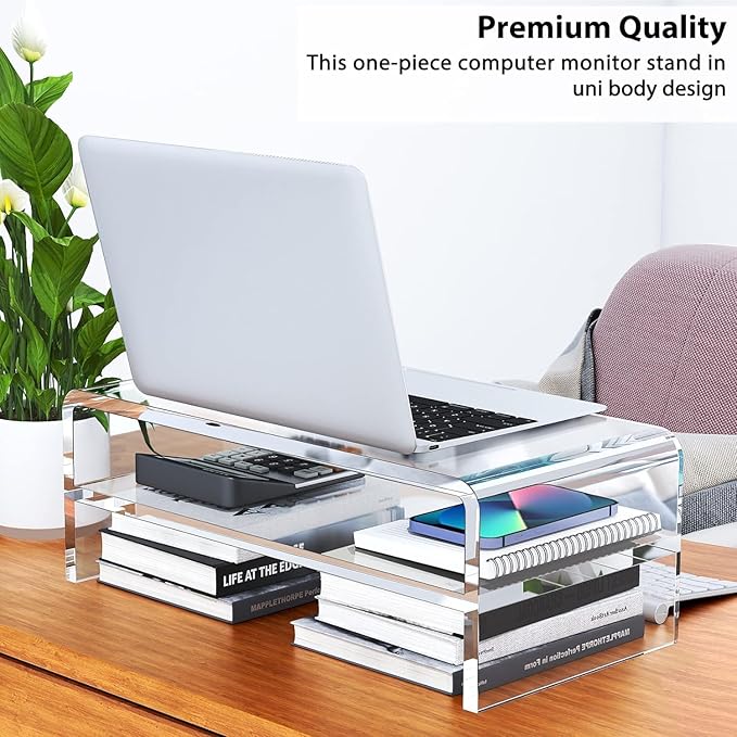 Acrylic Monitor Stand, 2 Tiers Clear Monitor Riser Computer Stand for Office, Home, Office, 5.12 Inches Hight PC Desk Stand for Keyboard Storage, Premium Platform for Laptop Printer TV Screen