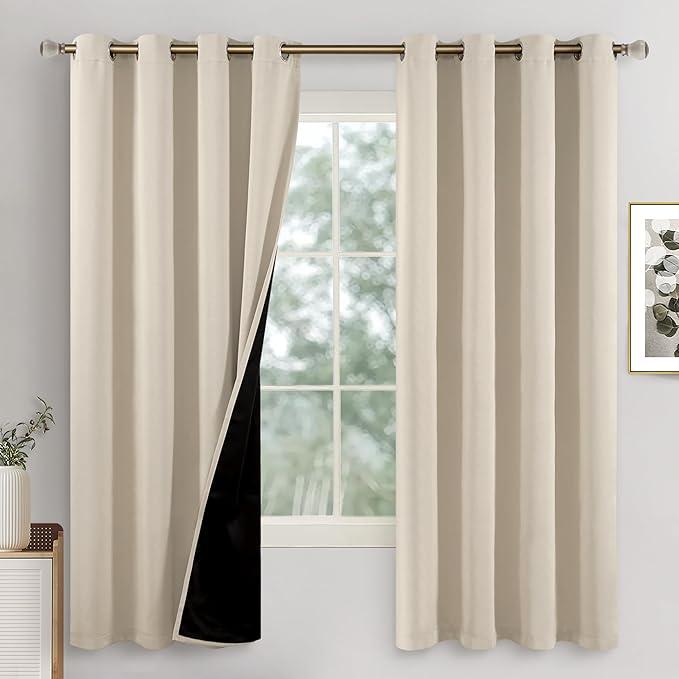 Champagne Blackout Curtains for Bedroom 63 Inch Length 2 Panels Set, Thermal Insulated 100% Light Blocking Soundproof Grommet Window Curtains for Living Room with Black Liner, Each 52 Inch Wide