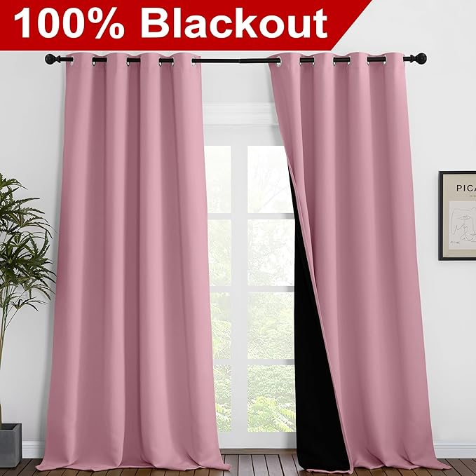 NICETOWN 100% Blackout Blinds, Laundry Room Decor Window Treatment Curtains for Large Patio Sliding Door, Thermal Insulated Crystal Pink Curtains for Bedroom, Set of 2, 52 inches x 108 inches