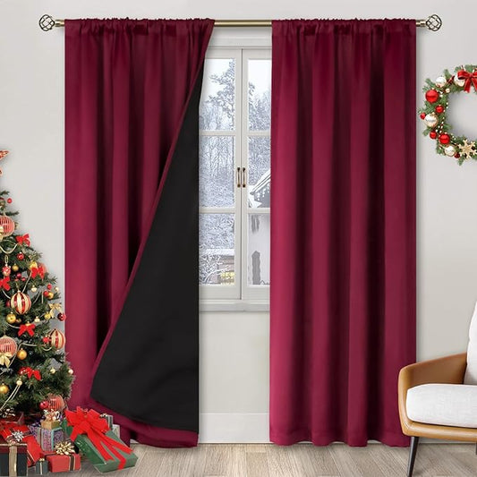 BGment Christmas Burgundy Red Blackout Curtains for Bedroom 84 Inch Length, Rod Pocket 100% Blackout Curtains with Thermal Liner Decorate Curtains for Living Room, Each Drapes 2 Panels, 42 x 84 Inch