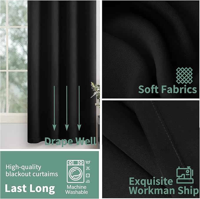 Short Blackout Curtains 54 Inch Length 2 Panels, 100% Light Blocking Thermal Insulated Soundproof Grommet Small Window Curtains for Bedroom Basement with Liner, Each 42 Inch Wide, Black