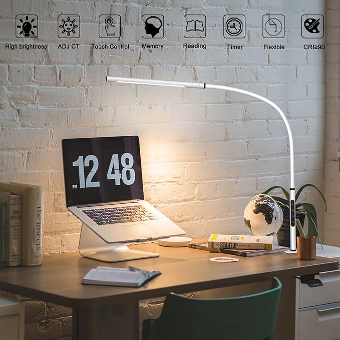 Eye-Caring Desk Lamp, Gooseneck Lamp with Clamp, Swing Arm Desk Light, Adjustable Brightness & Color Temperatures, Memory & Timer Function, Clip on Desk Lamp for Home Office, 12W, White