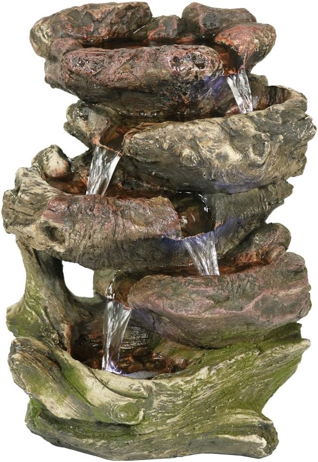 Sunnydaze 14-Inch 5-Step Indoor Tabletop Fountain with LED Lights - Electric Submersible Pump - Polyresin and Fiberglass