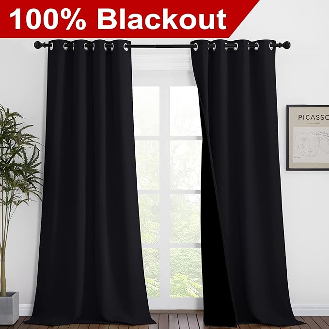 NICETOWN Extra Long Truly Blackout Drapes for Hall and Villa, 46-inch Width Each Panel, 102-inch Length, Black, 2 Pieces, 100% Blackout Window Curtain Panels with Black Lined for Night Shift Worker