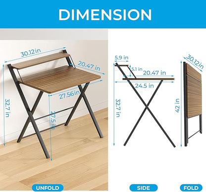 GreenForest Folding Desk No Assembly Required Large Size, 2-Tier Foldable Computer Desk with Shelf for Home Office, Space Saving Portable Laptop Study Foldable Table for Bedroom, Walnut