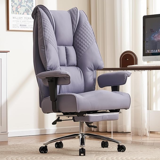 Big and Tall Office Chair 400lbs Wide Seat, Leather High Back Executive Office Chair with Foot Rest, Ergonomic Office Chair Lumbar Support for Lower Back Pain Relief (Light Purple)