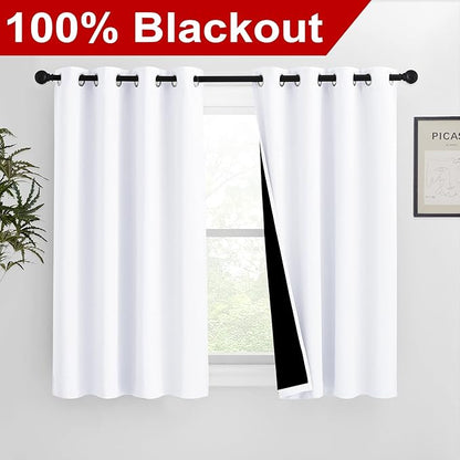 NICETOWN Pure White 100% Blackout Lined Curtains, 2 Thick Layers Completely Blackout Window Treatment Panels Thermal Insulated Drapes for Kitchen (1 Pair, 46" Width x 54" Length Each Panel)