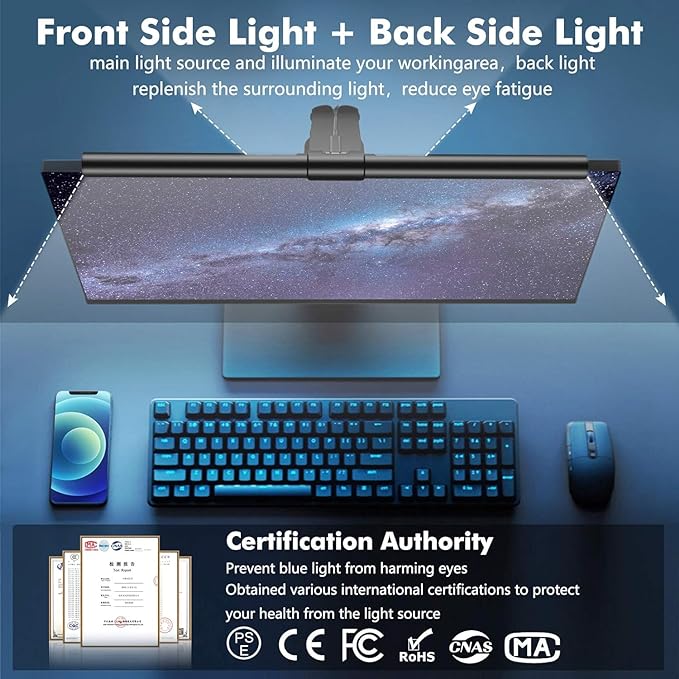 OOWOLF Monitor Light Bar with Backlight CRI≥95, Screen Light Bar, Desk Lamp for Eye-Caring,Dual Light,Filter Blue-Light,3-Color Mode,Memory Dimming,e-Reading Task Lamp,Computer Light for Home Office