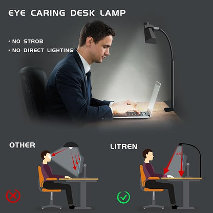 LED Desk Lamps for Home Office Eye-Caring Architect Lamp with Clamp 3 Colors 10 Brightness Adjustable Gooseneck Table Light with Key Control Workbench LED Reading Lamp