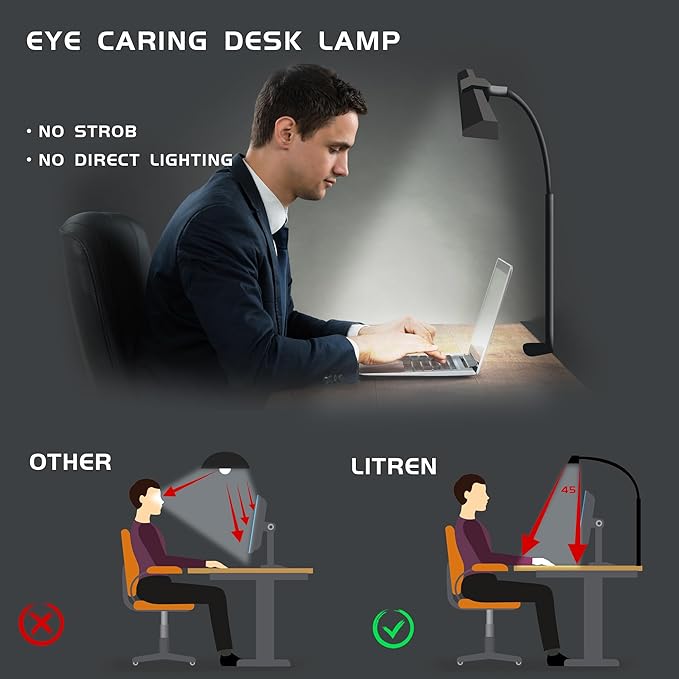 Desk Lamp for Home Office Eye-Caring Architect Desk Lamp with Clamp 3 Colors Dimmable Swing Arm Task Lamp with Key Control Workbench Light for Painting Reading Sewing Crafting-Black (with Adatper)