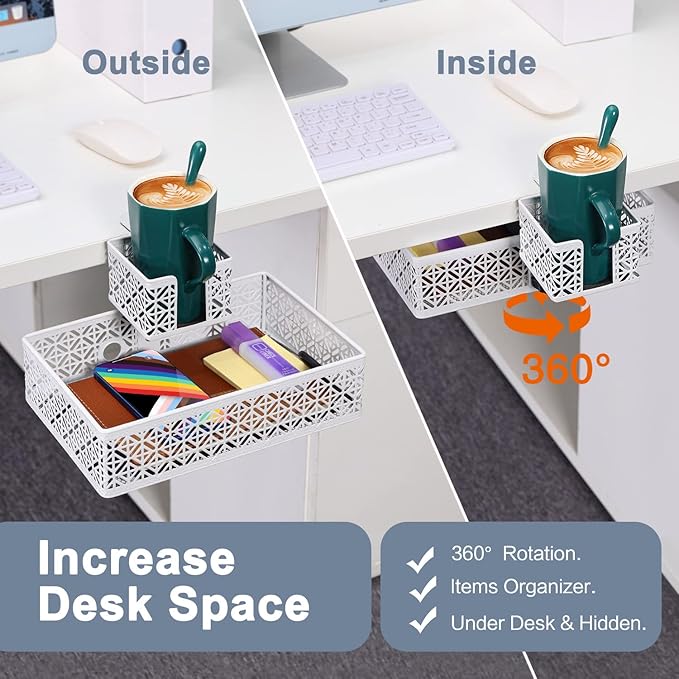 Under Desk Drawer Organizer Clip-on Cup Holder Under Desk Storage Drawers Rotated Under Table Drawer for Desk Organizer Clamp Phone Holder Paper Drawer (White)