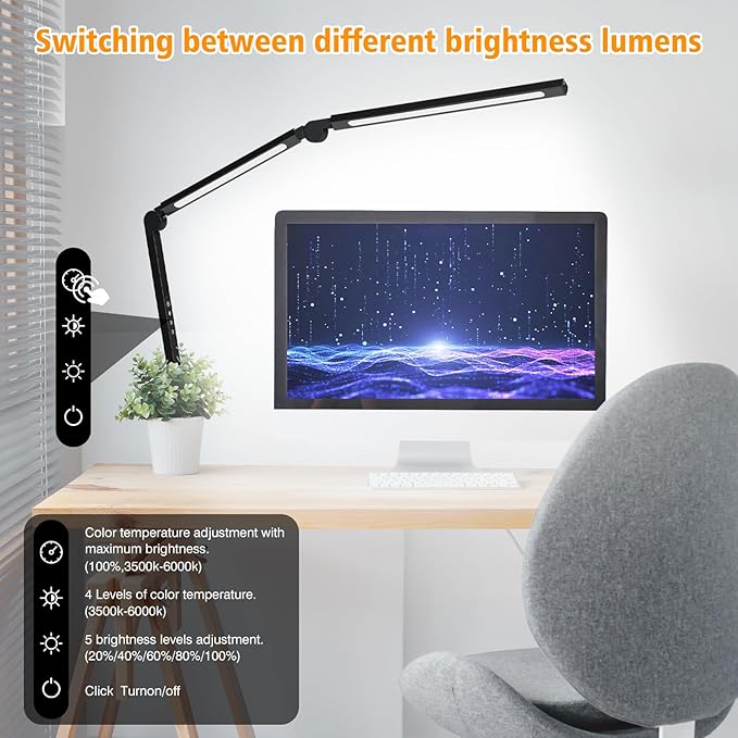 LED Desk Lamp with Clamp,Adjustable Swing Arm Desk Lamps for Home Office,Dimmable Tempering Eye Care Desk Light,Bright Modern Led Table Lamp for Nail Tech Architect,Flexible Tall Task Table Light