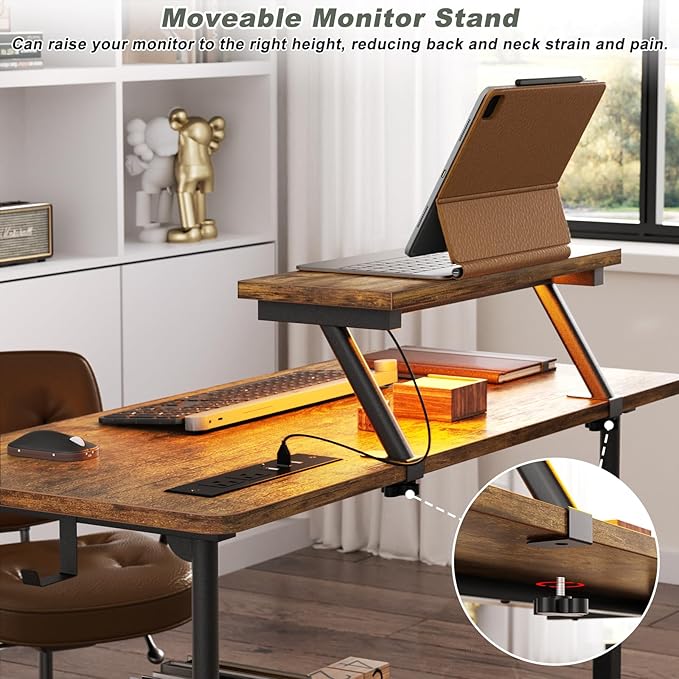 Height Adjustable Standing Desk with Power Outlets and LED Lights - 32" Manual Stand Up Desk with Monitor Stand and Storage Shelves Small Mobile Rolling Computer Desk Portable Laptop Table, Rustic