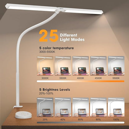 Led Desk Lamp for Office Home - Eye Caring Architect lamp with Clamp,Dual Screen Computer Monitor Gooseneck Smart Light: 24W 5 Color Flexible Adjustable Lighting Table Lamp for Study Drafting White